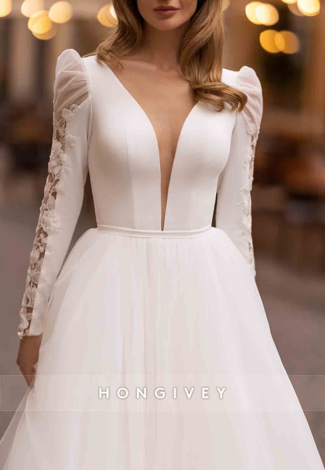 Cut out Back A-line Court Train V Neck Long Sleeve Wedding Dresses