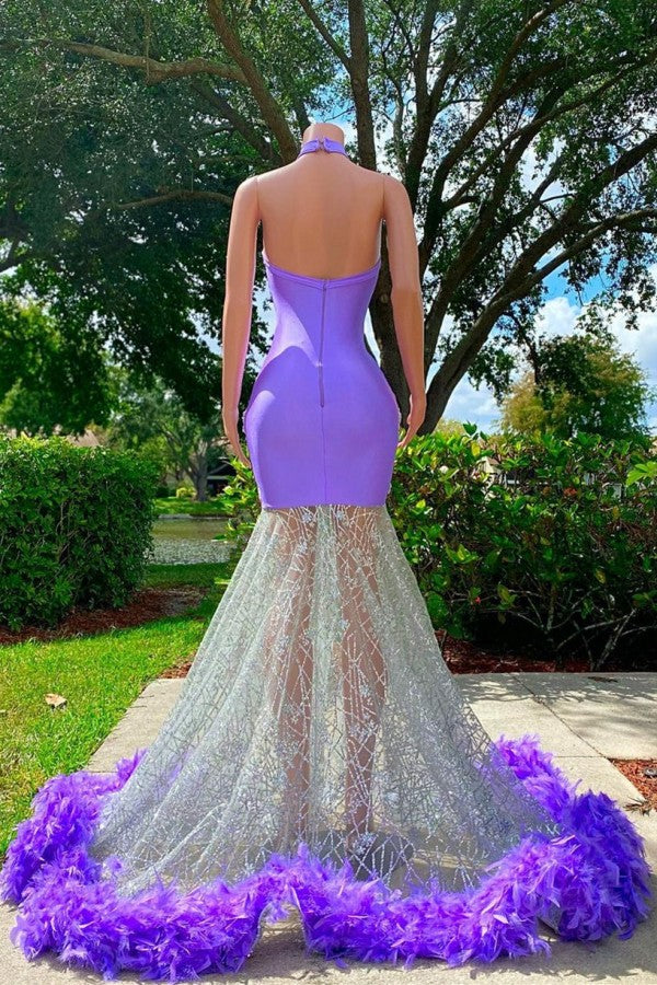 Lavender High Neck Prom Dress Mermaid Appliques With Feather - Fashionpara