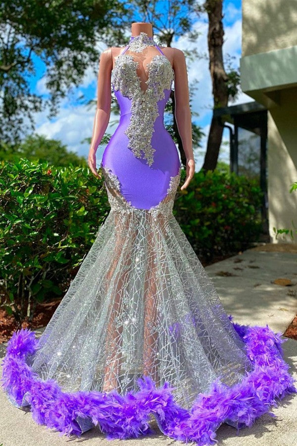 Lavender High Neck Prom Dress Mermaid Appliques With Feather - Fashionpara