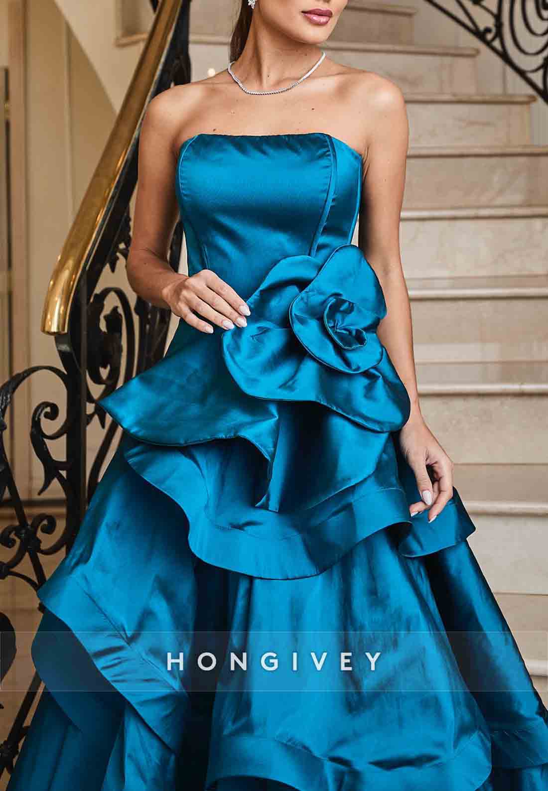 Floral Blue Strapless Ruched A-Line Empire Floor-Length Evening Gowns