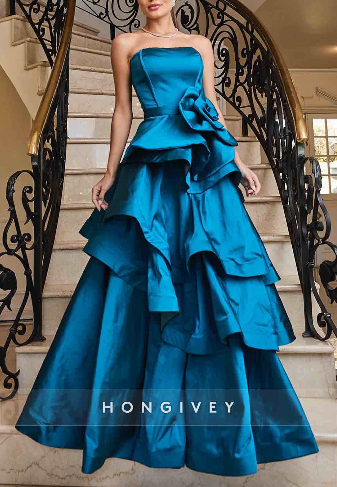 Floral Blue Strapless Ruched A-Line Empire Floor-Length Evening Gowns