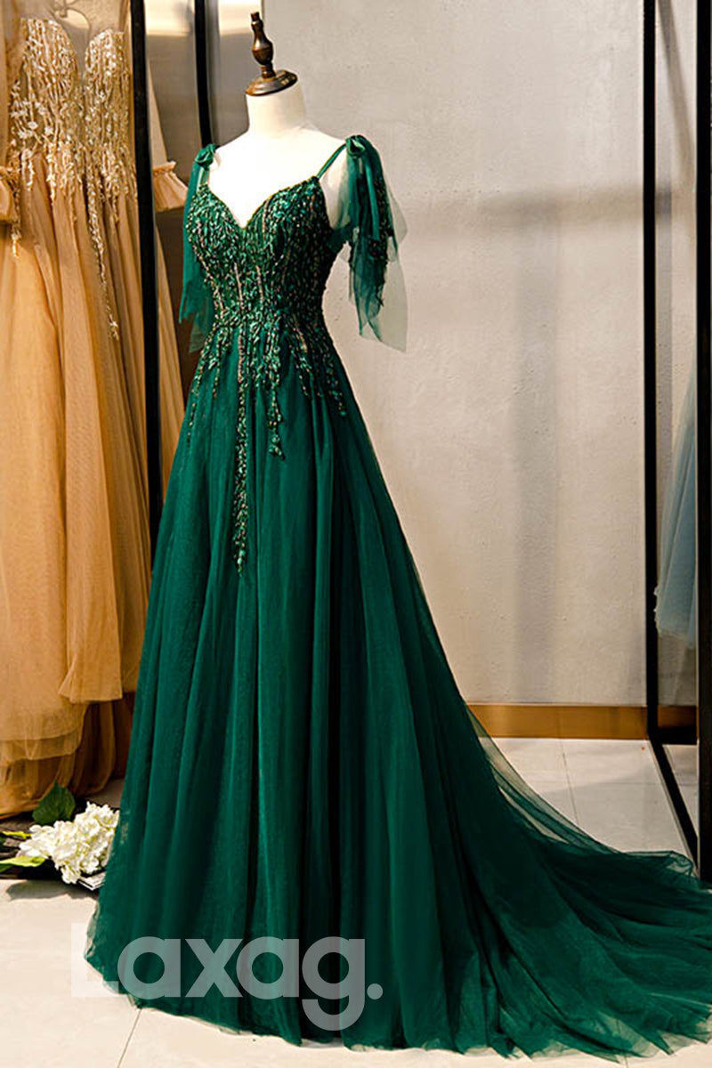 Embellished Straps V-Neck Lace-Up Back Dress With Train - Fashionpara