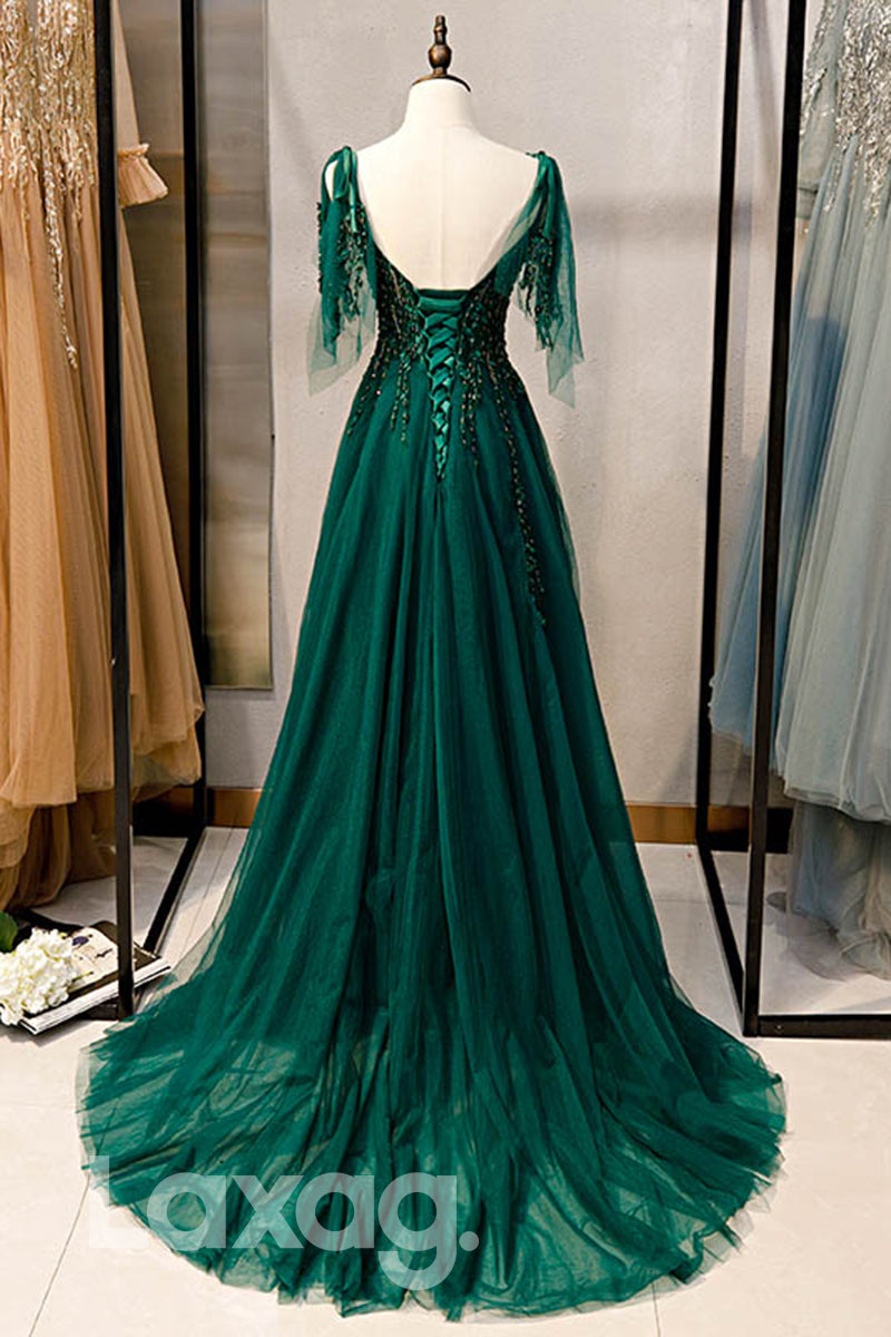 Embellished Straps V-Neck Lace-Up Back Dress With Train - Fashionpara