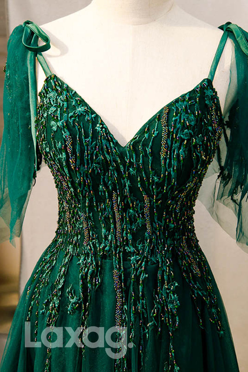 Embellished Straps V-Neck Lace-Up Back Dress With Train - Fashionpara