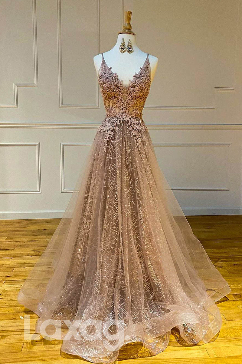 Metallic Glitter Illusion Cutout Lace Applique Tulle Gown - Fashionpara