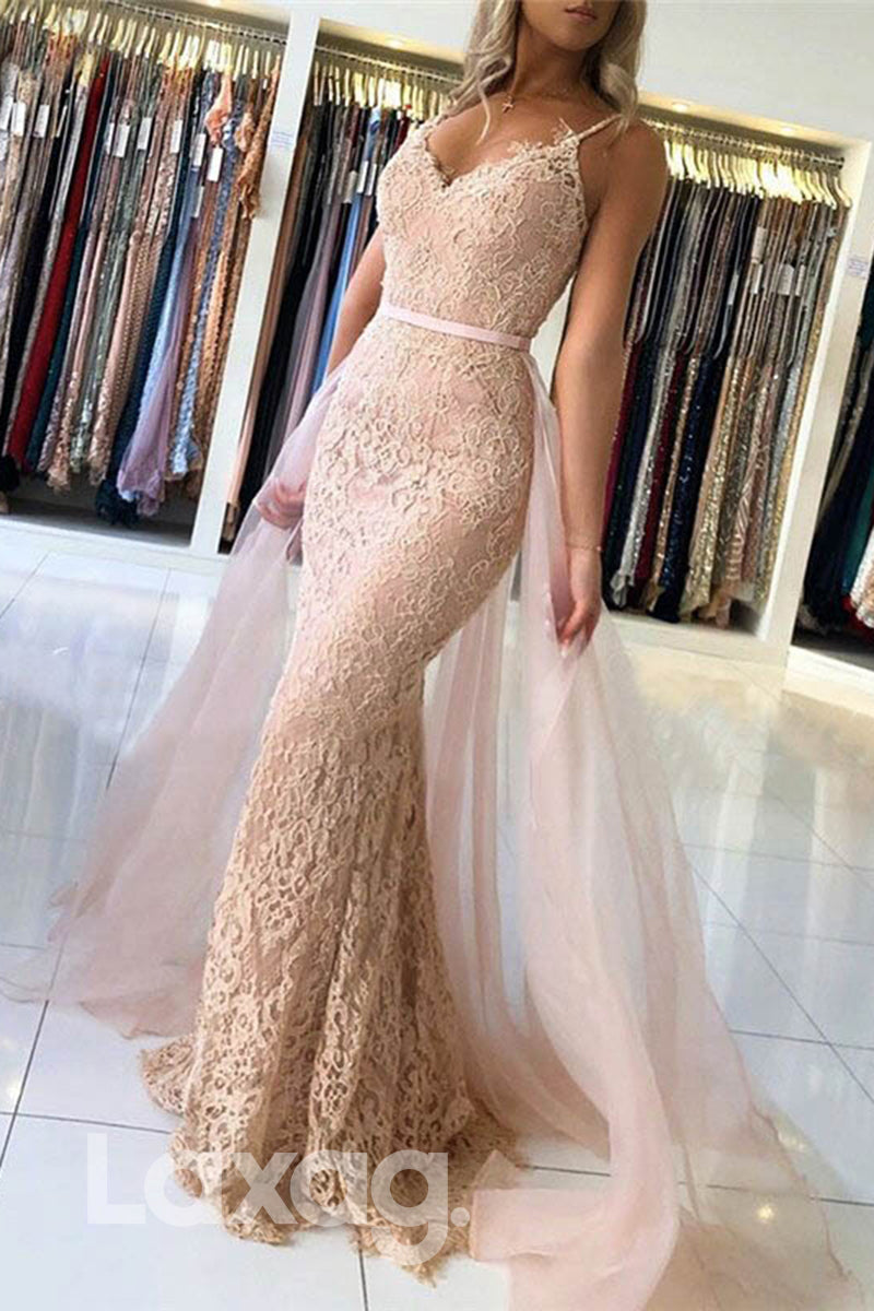 Allover Lace Straps V-Neck Sheath Dress With Overlay - Fashionpara