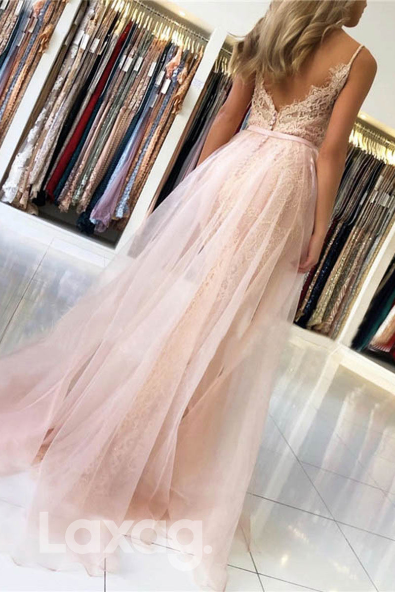 Allover Lace Straps V-Neck Sheath Dress With Overlay - Fashionpara