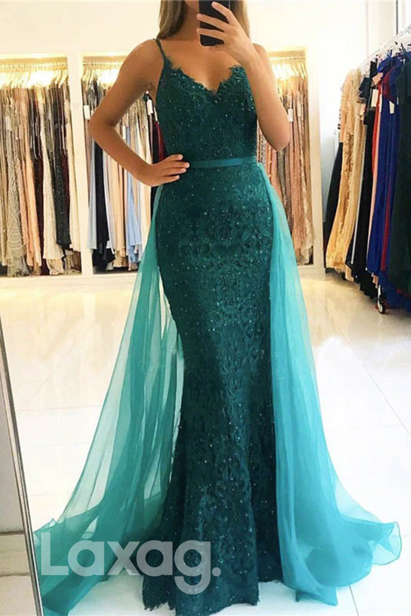 Allover Lace Straps V-Neck Sheath Dress With Overlay - Fashionpara