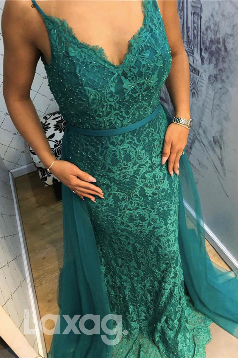 Allover Lace Straps V-Neck Sheath Dress With Overlay - Fashionpara