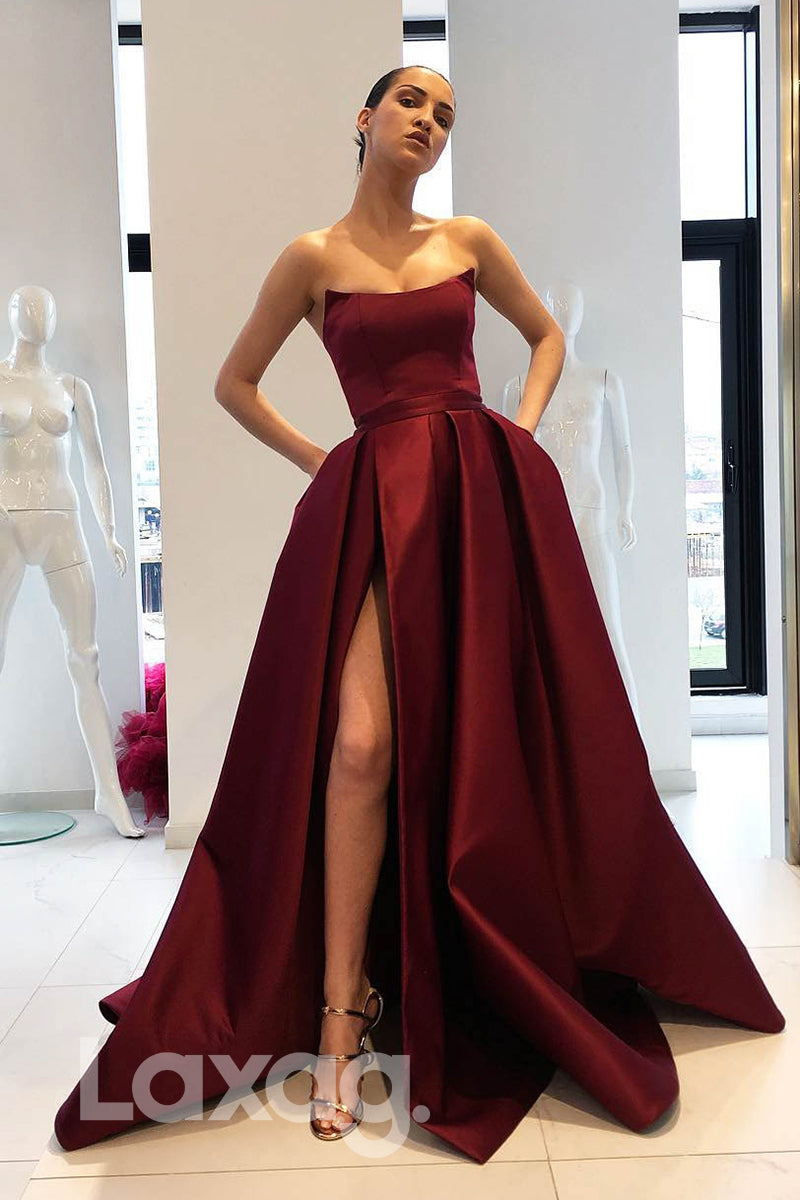 Straps Sleeveless Pleated Satin A-Line Slit Gown - Fashionpara