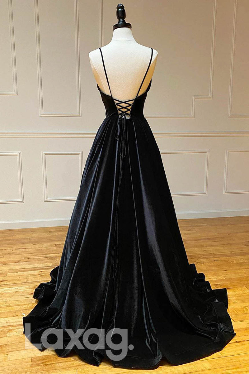 V-Neck Straps Pleated Velvet Evening Dress With Corset - Fashionpara