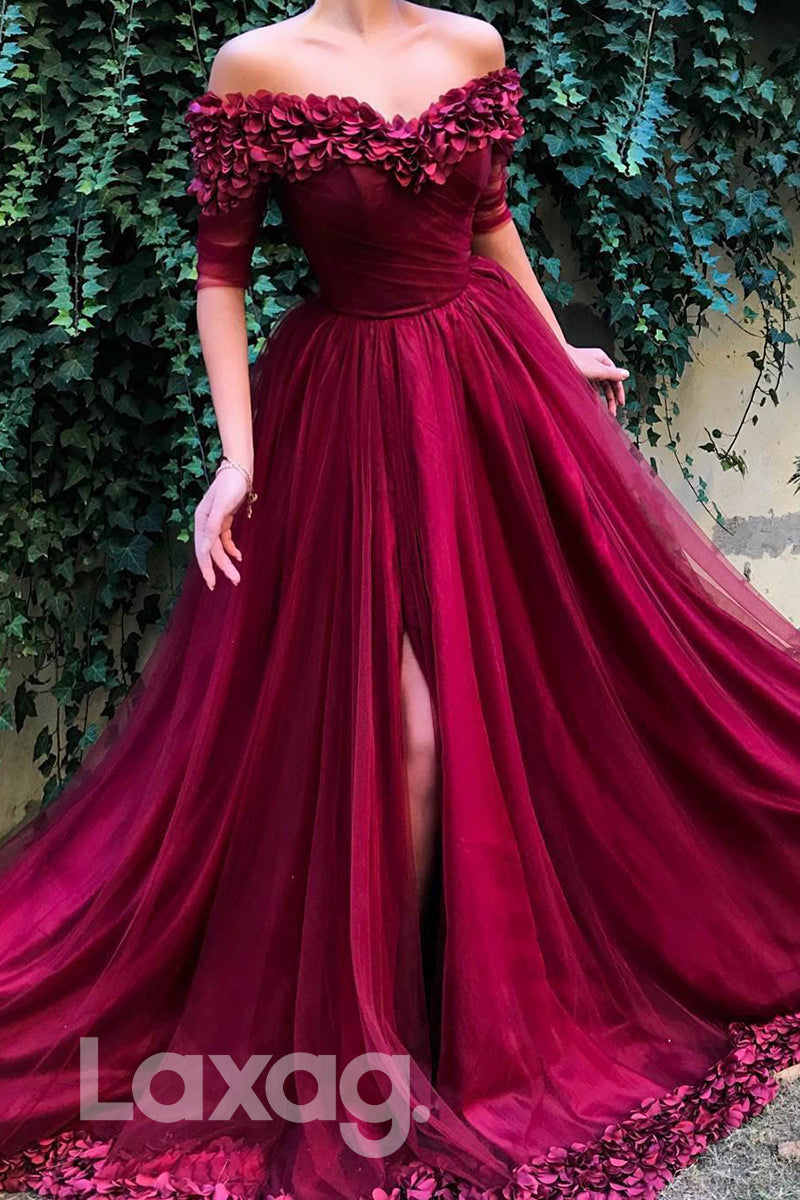 Embellished Off-Shoulder Pleated Short Sleeve Tulle Gown - Fashionpara