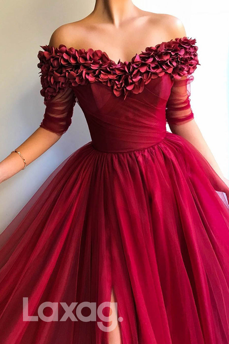 Embellished Off-Shoulder Pleated Short Sleeve Tulle Gown - Fashionpara