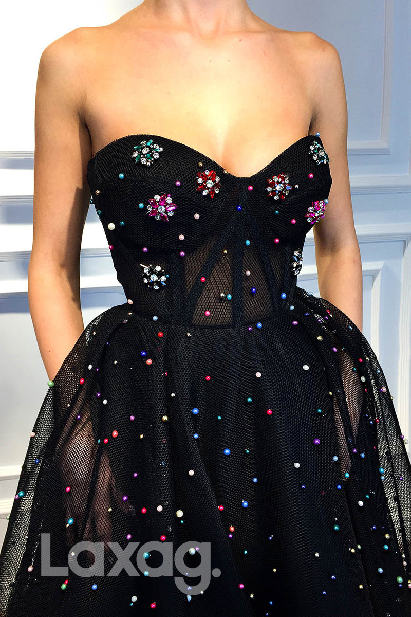 Rhinestone Sheer Sweetheart A-Line Fitted Dress - Fashionpara