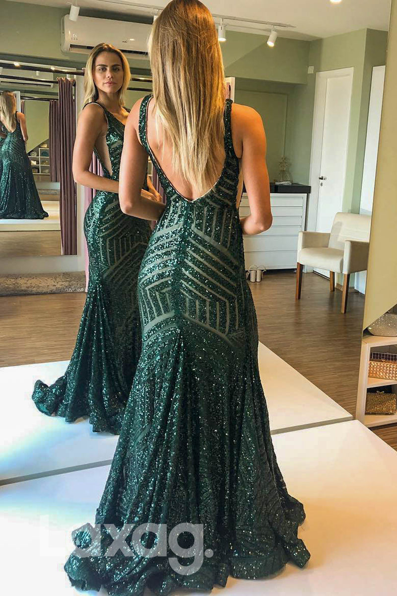 Fully Sequined Open V-Back Sleeveless Sheath Gown - Fashionpara