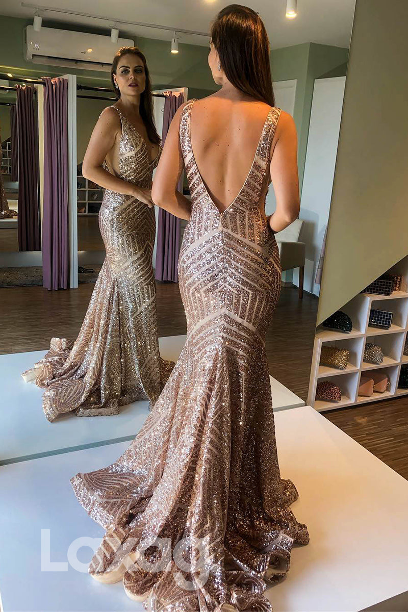 Fully Sequined Open V-Back Sleeveless Sheath Gown - Fashionpara