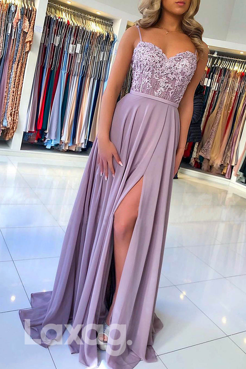 Lace Applique Sweetheart Fitted Dress With Slit - Fashionpara