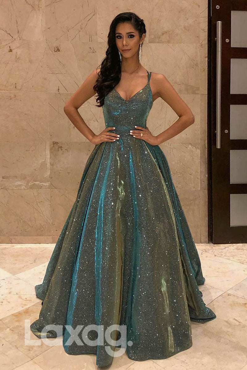 Crisscross Back V-Neck Glitter A-Line Ballgown Dress - Fashionpara