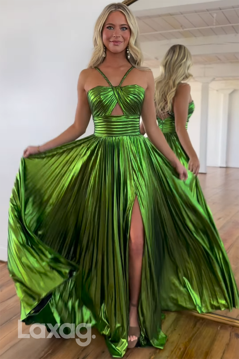 20721 - A Line Halter Ruched Long 2024 Semi Formal Prom Dress with Slit