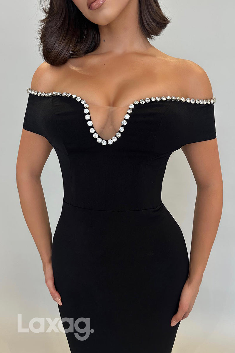 21906 - Off Shoulder Beads Black Mermaid Long Formal Evening Dress