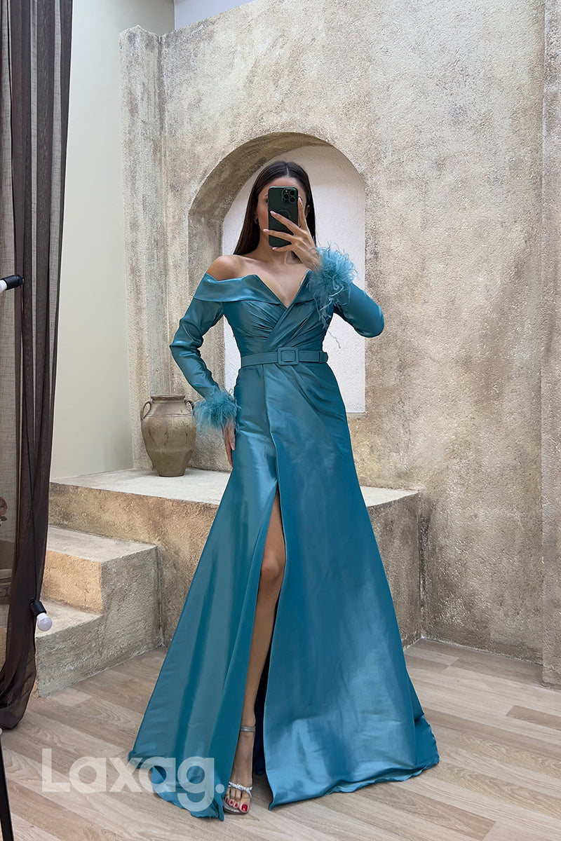 22078 - Sexy V neck Off Shoulder Feathers Long Sleeves Formal Evening Dress with Slit