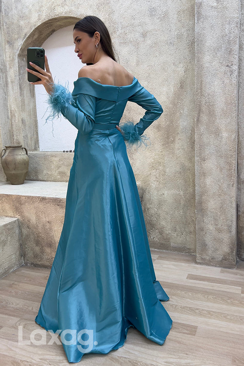 22078 - Sexy V neck Off Shoulder Feathers Long Sleeves Formal Evening Dress with Slit
