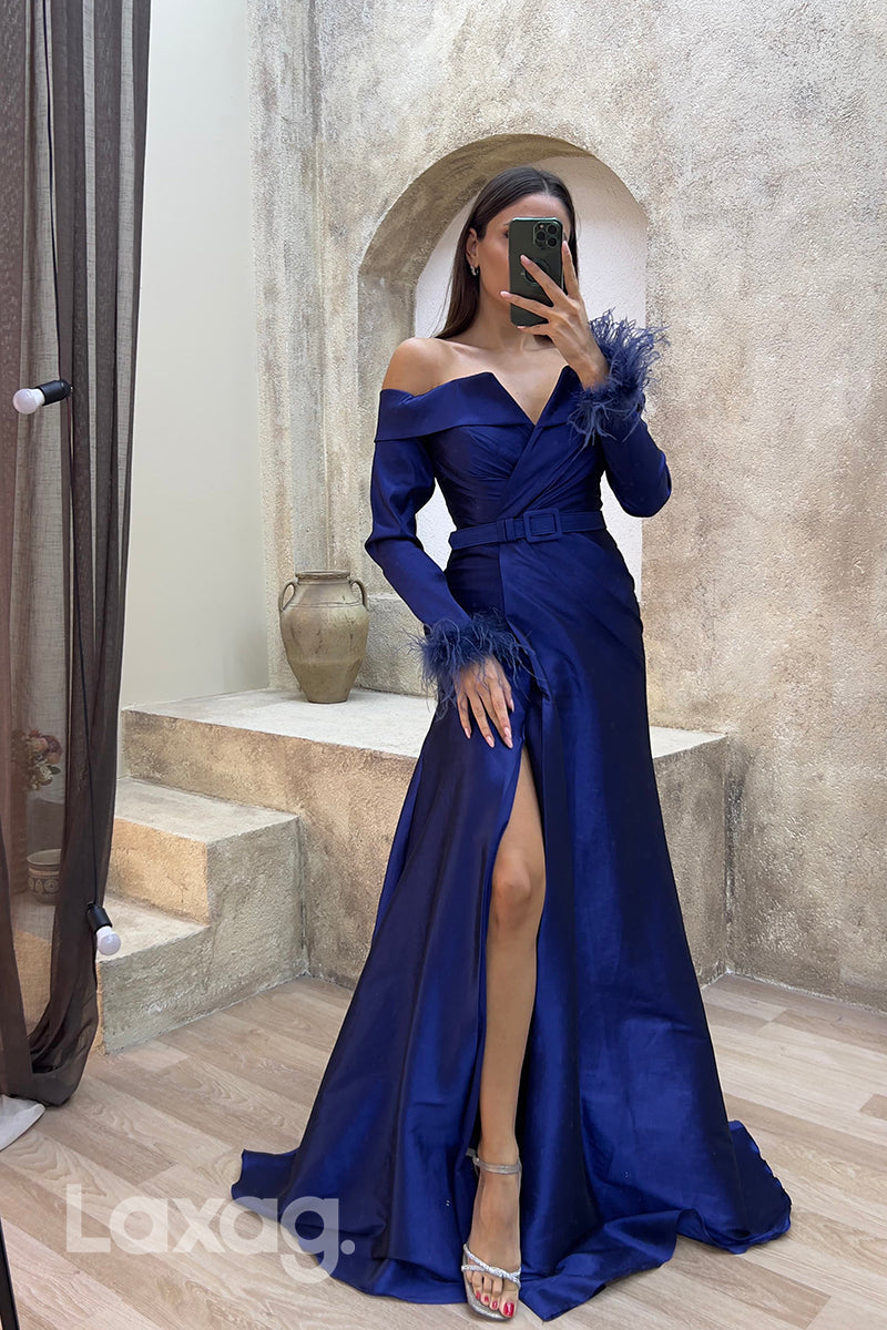 22078 - Sexy V neck Off Shoulder Feathers Long Sleeves Formal Evening Dress with Slit