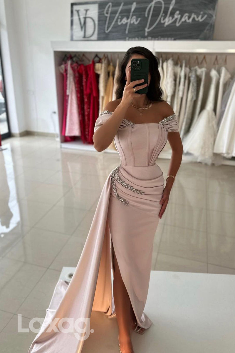 Off the Shoulder Satin Ruched Beads Mermaid Formal Prom Dress with Slit - Fashionpara