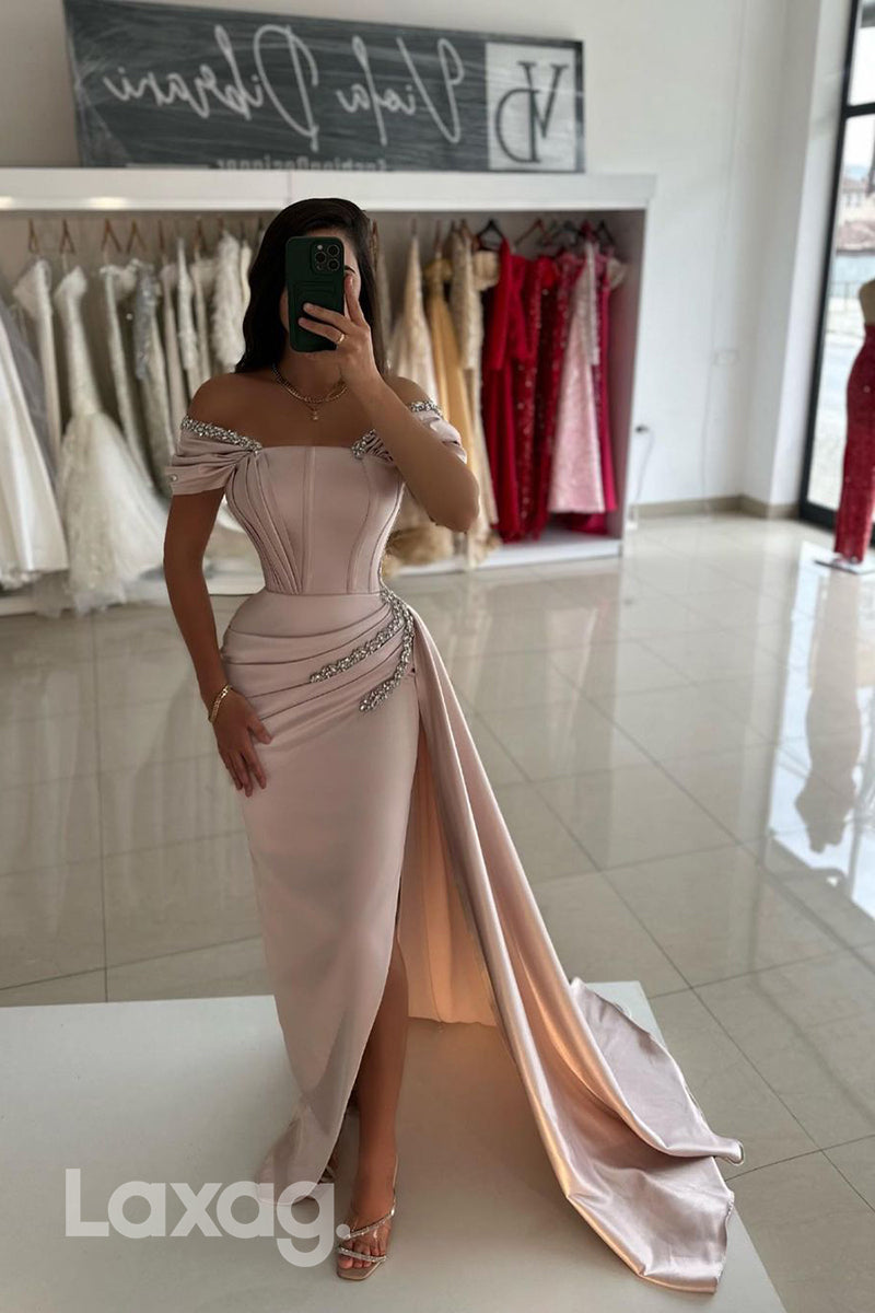 Off the Shoulder Satin Ruched Beads Mermaid Formal Prom Dress with Slit - Fashionpara