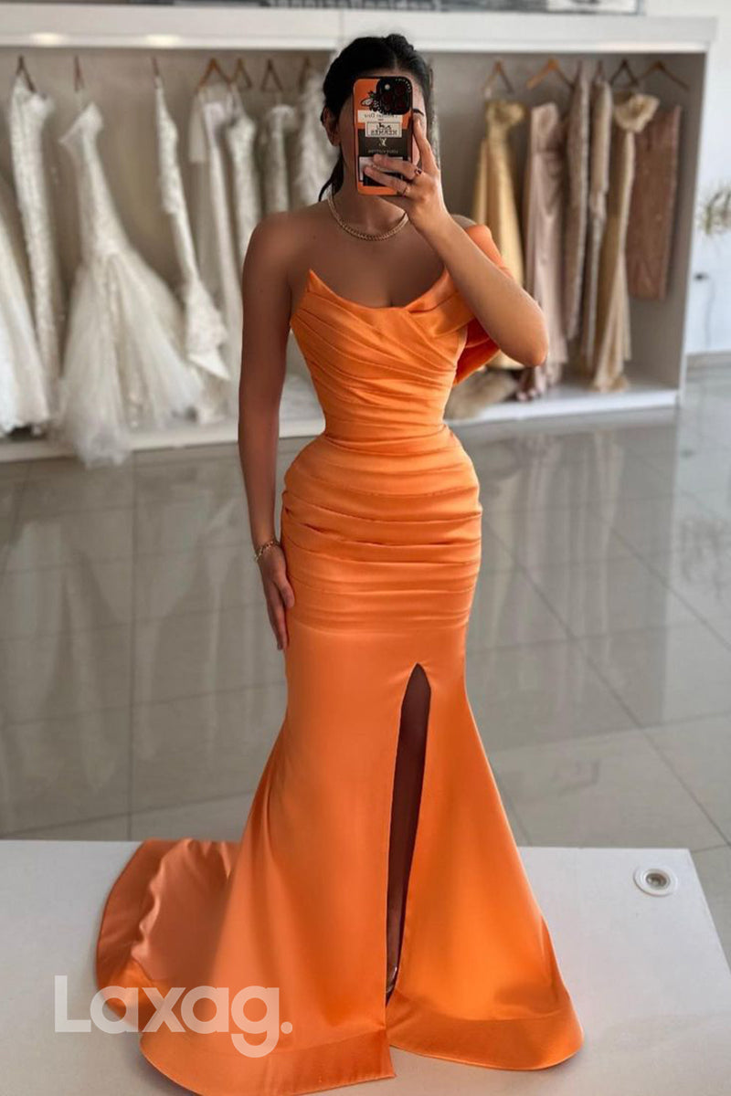 Off Shoulder Satin Ruched Mermaid Long Formal Prom Dress with Slit - Fashionpara