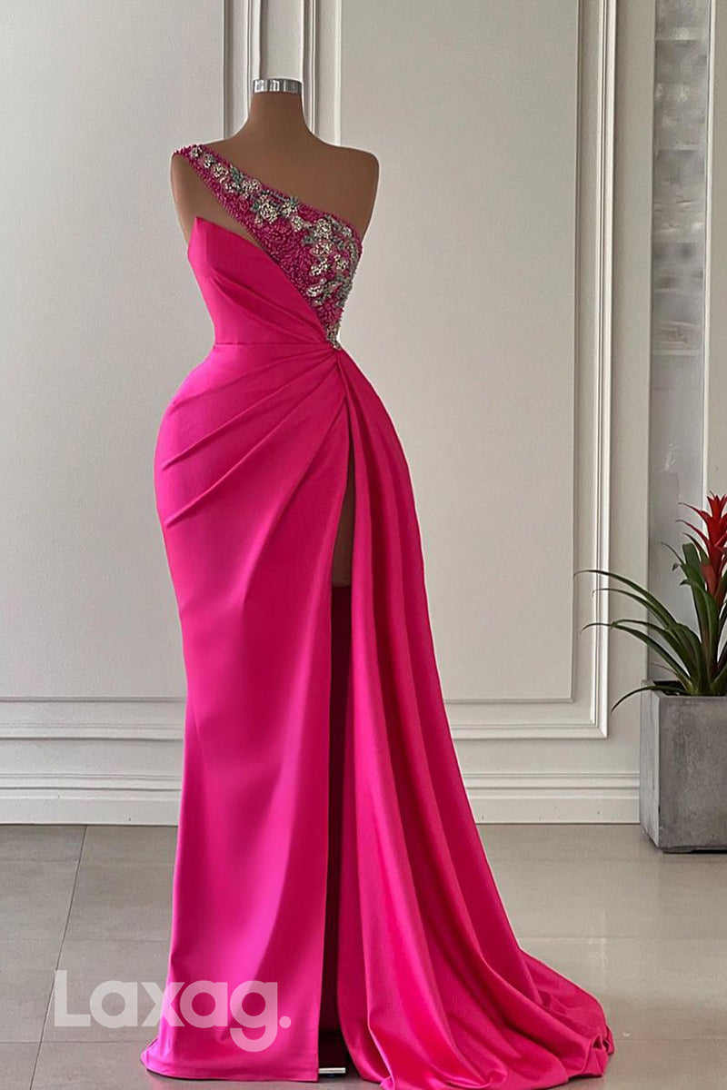 21991 - One Shoulder Beads Mermaid Long Formal Prom Dress with Slit