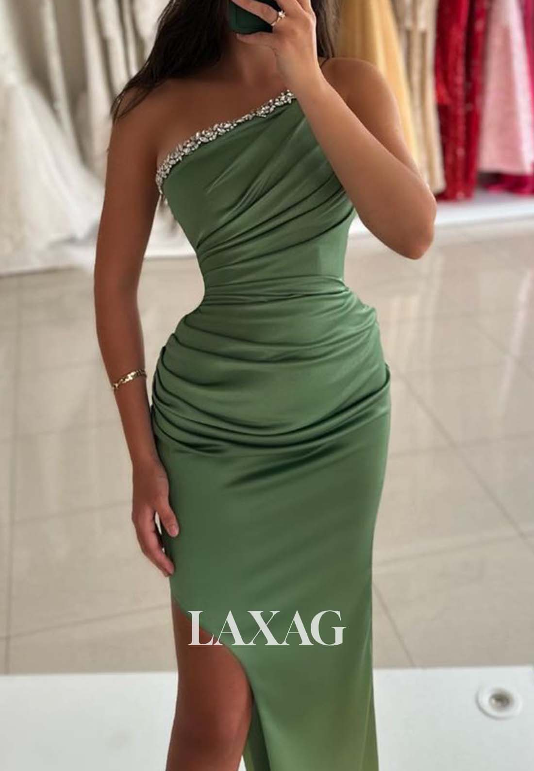 Sheath Asymmetrical-Neck One-Shoulder Sleeveless Beaded Long Formal Prom Dress with Slit - Fashionpara