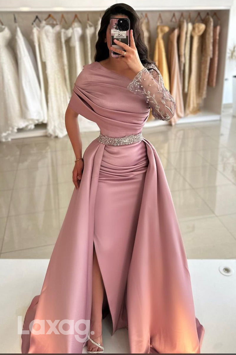 Chic One Shoulder Embroidery Ruched Mermaid Long Formal Evening Dress with Slit - Fashionpara