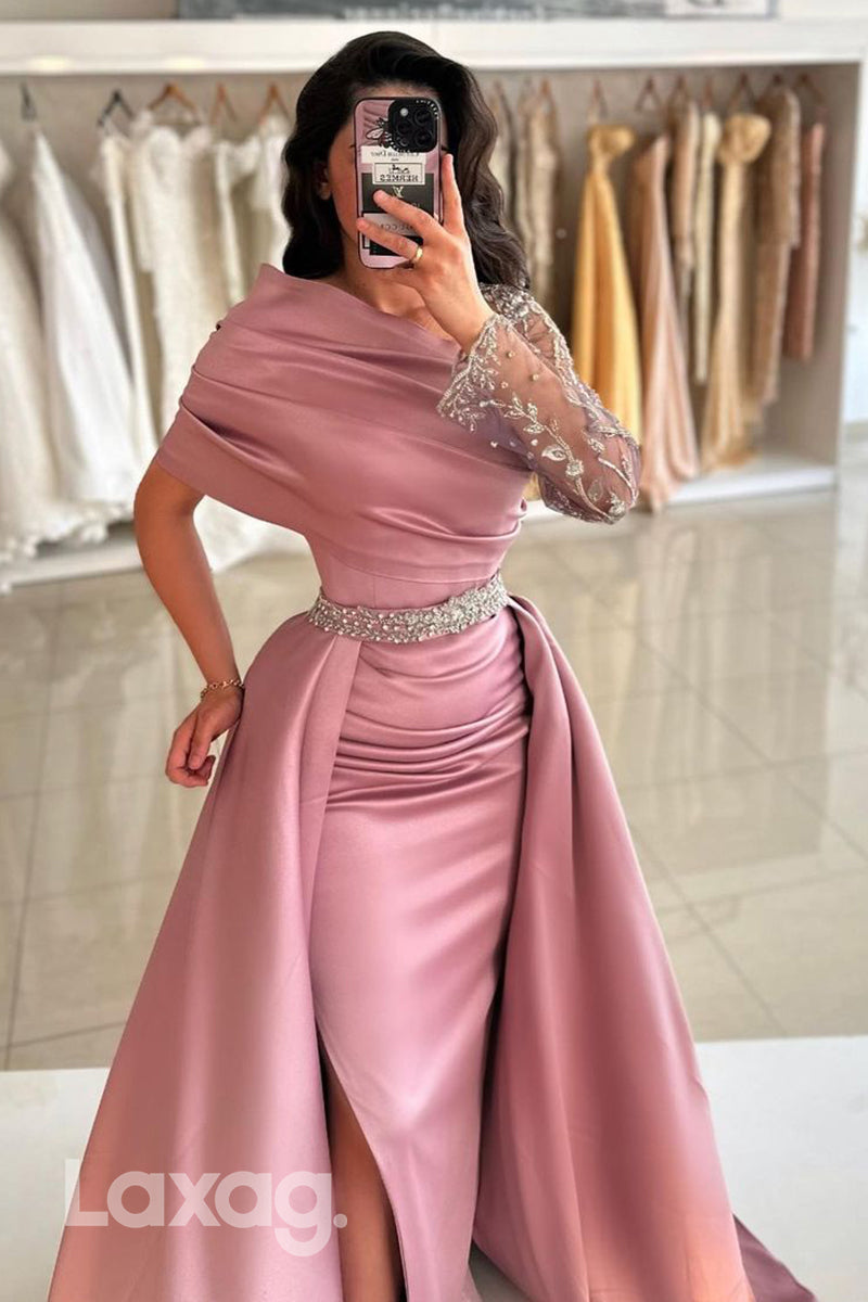 Chic One Shoulder Embroidery Ruched Mermaid Long Formal Evening Dress with Slit - Fashionpara