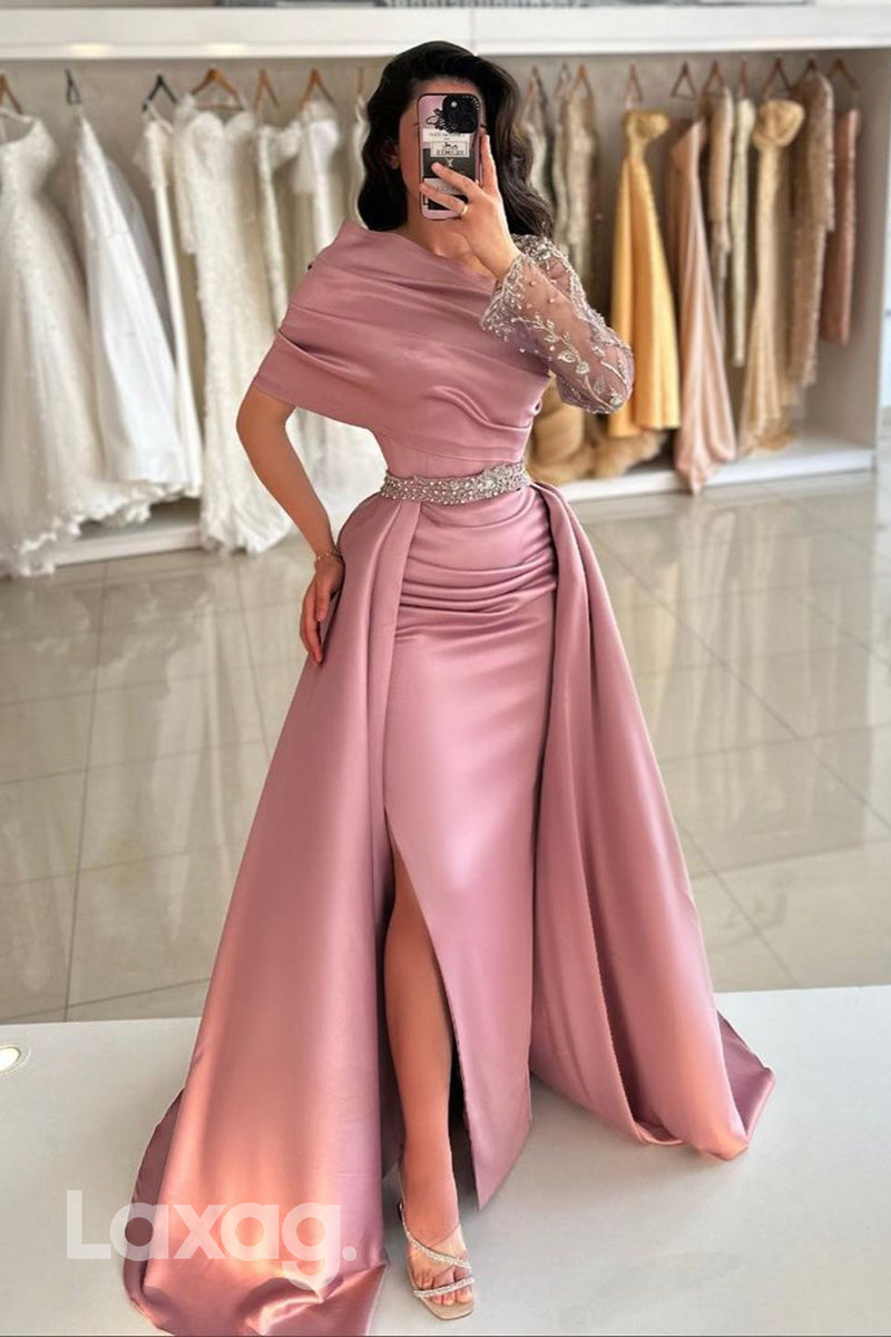 Chic One Shoulder Embroidery Ruched Mermaid Long Formal Evening Dress with Slit - Fashionpara