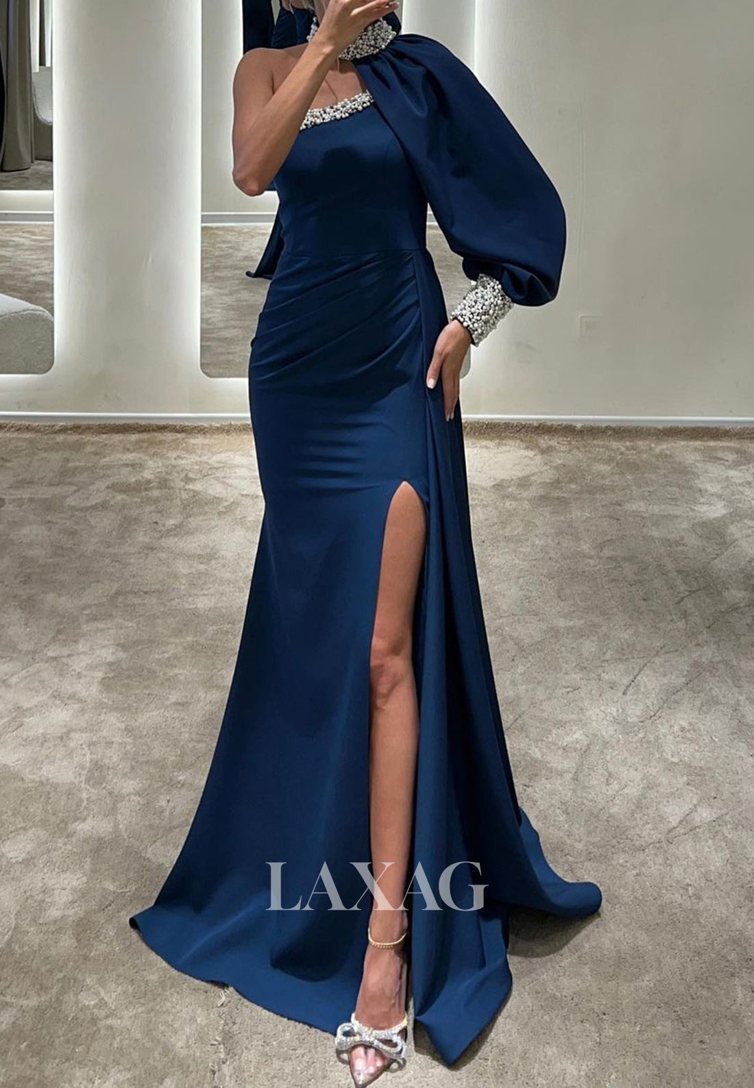 One-Long-Sleeve Mermaid Evening Dress Asymmetrical-Neck Beaded Pleated Mermaid Formal Gowns - Fashionpara