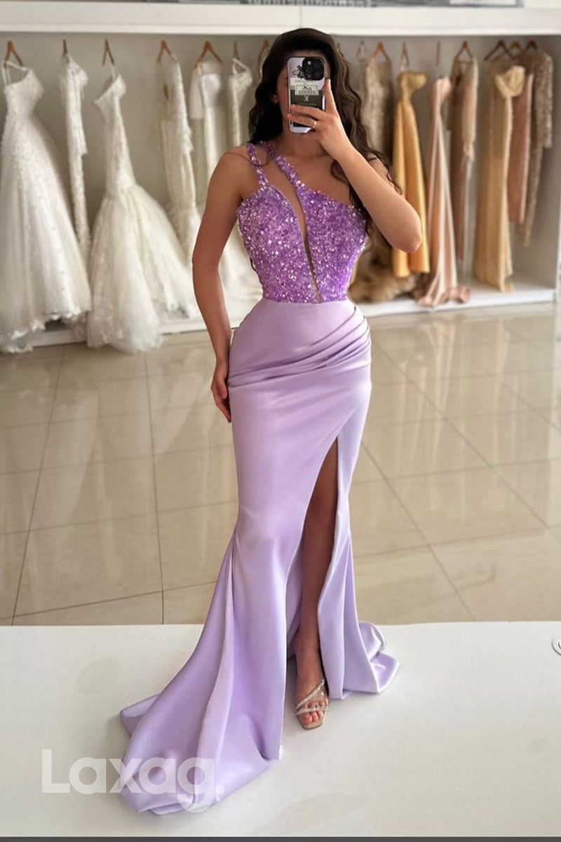 Unique One Shoulder Ruched Long Mermaid Formal Prom Dress with Slit - Fashionpara