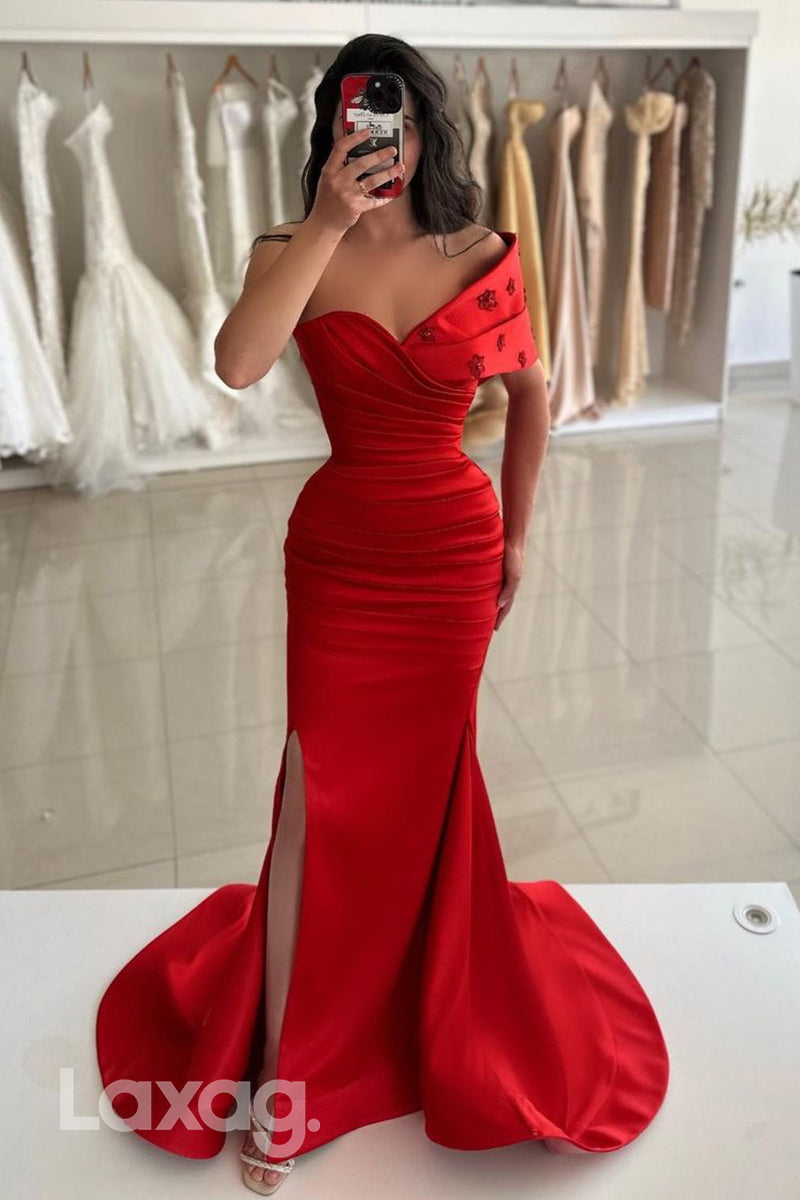 Off Shoulder Red Satin Ruched Mermaid Long Semi Formal Prom Dress with Slit - Fashionpara