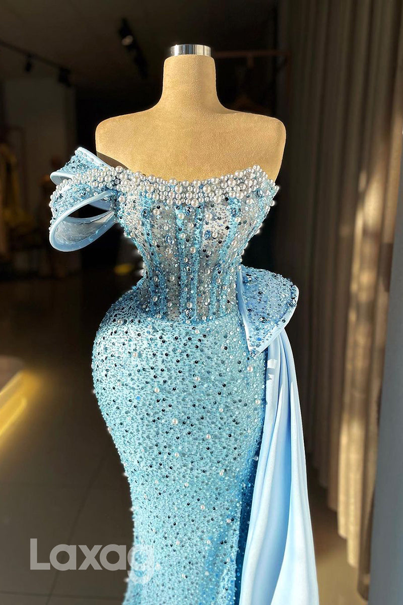 21864 -Strapless Luxury Pearls Mermaid Sparkly Prom Party Dress