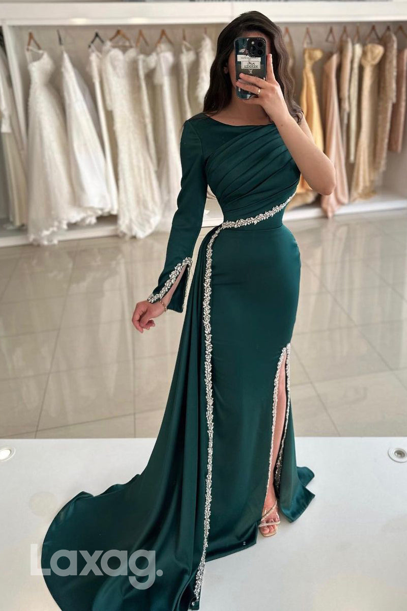 Chic Bateau Ruched Side Slit Long Sleeves Formal Evening Gowns - Fashionpara