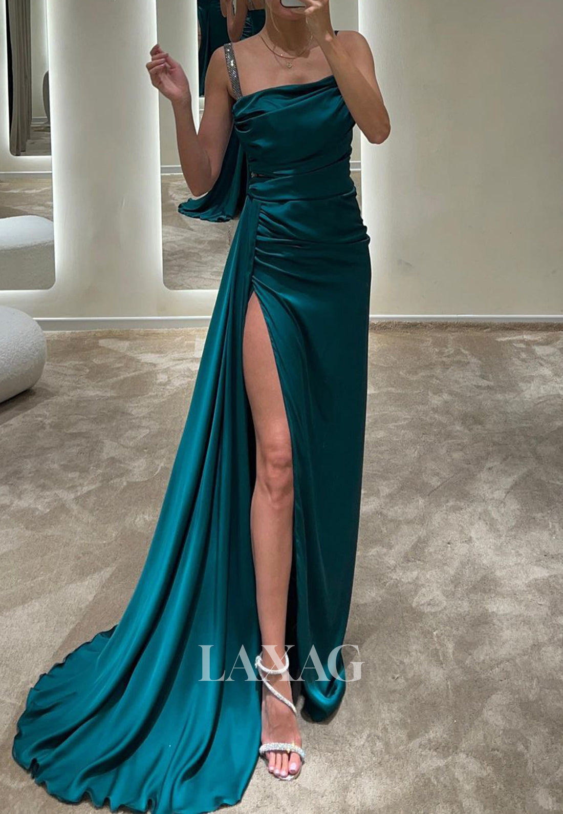 Asymmetrical-Neck Spaghetti Straps Formal Gowns Sleeveless Beaded Pleated Satin Prom Dress - Fashionpara