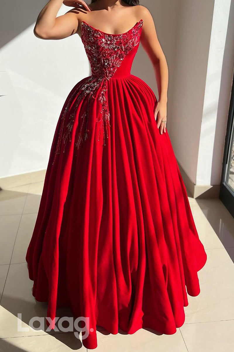 A line Strapless Embroidery Red Long Formal Evening Dress - Fashionpara