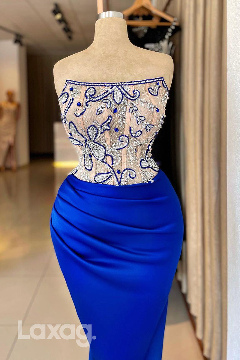 21797 - Strapless Beads Ruched Mermaid Formal Prom Party Dress with Slit