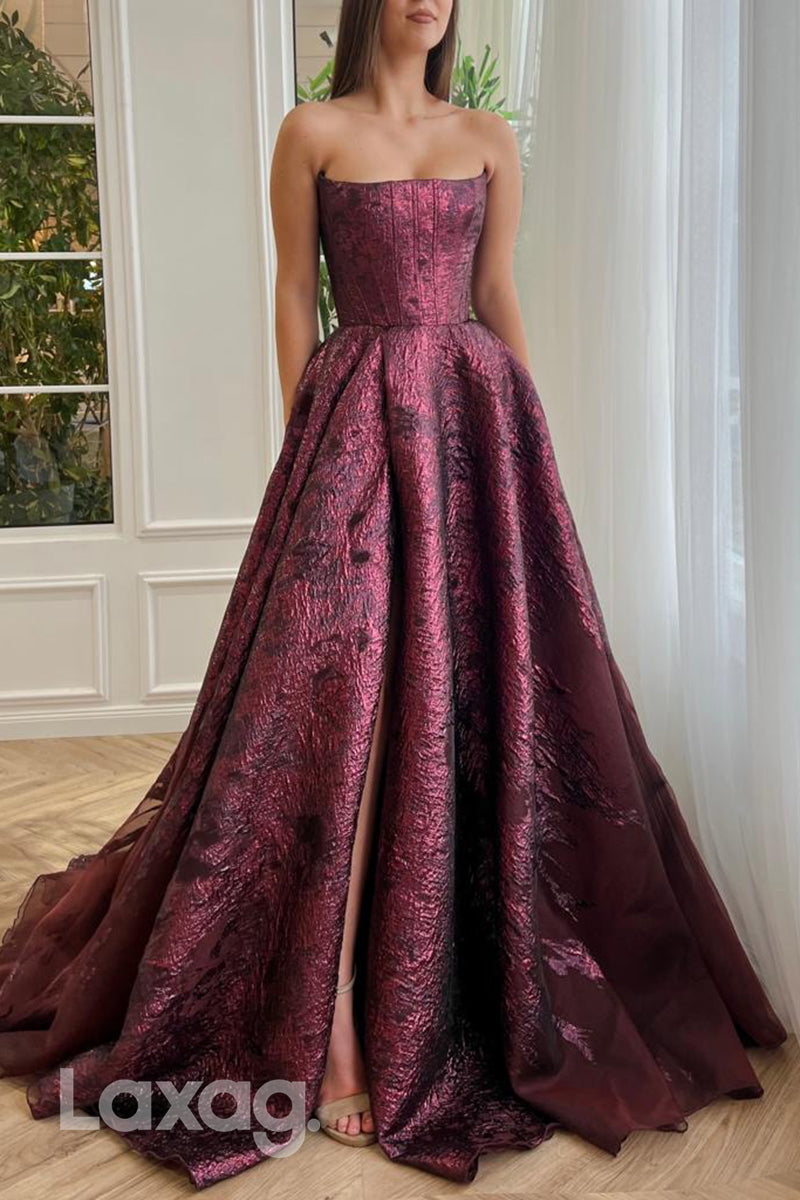 A Line Strapless High Split Burgundy Formal Prom Dress with Pockets - Fashionpara