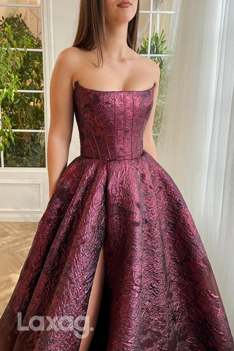 A Line Strapless High Split Burgundy Formal Prom Dress with Pockets - Fashionpara