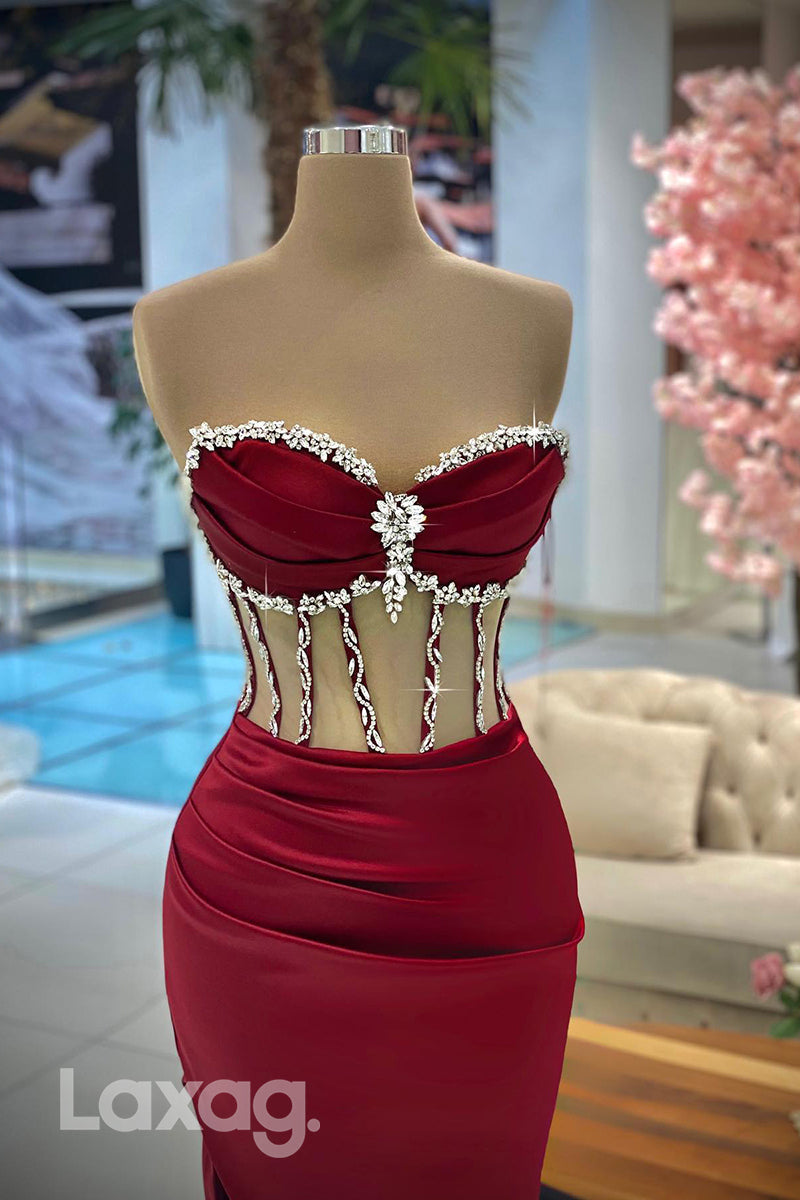 21818 - Sweetheart Beads Satin Ruched Mermaid Long Formal Prom Party Dress with Slit