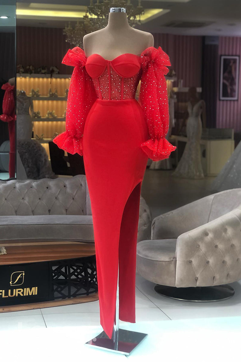 21886 - Sweetheart Long Sleeves Mermaid Formal Prom Dress with Slit