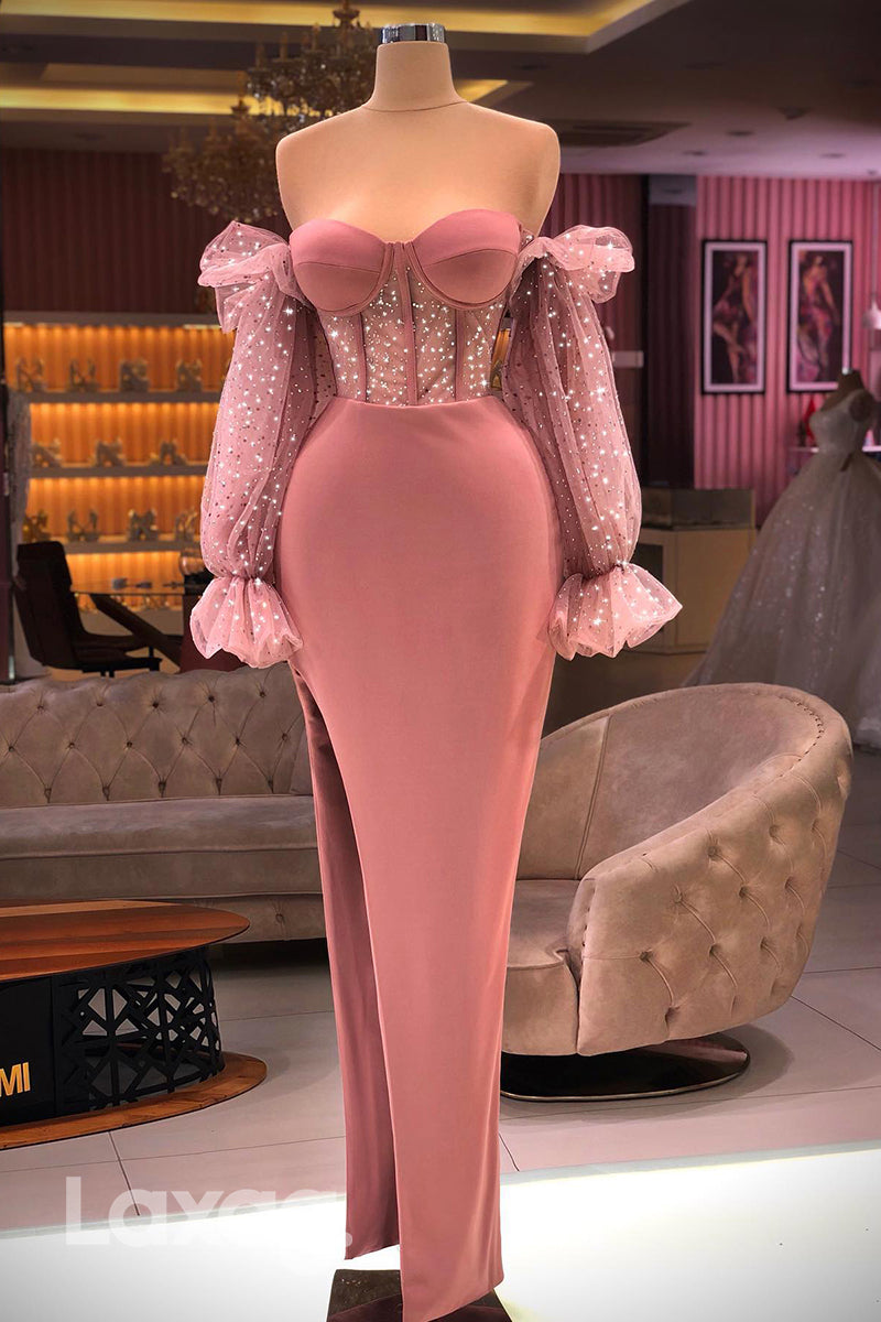 21886 - Sweetheart Long Sleeves Mermaid Formal Prom Dress with Slit