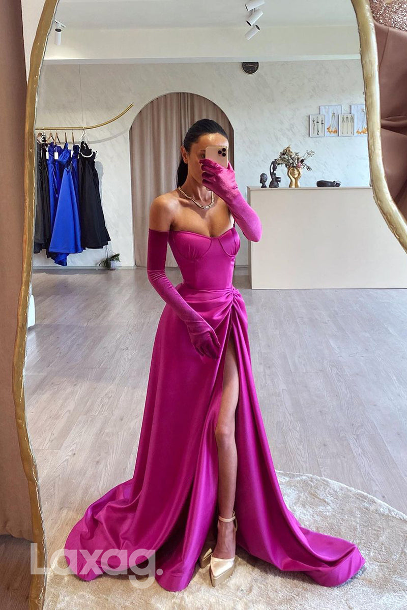 A line Sweetheart Ruched High Split Long Prom Formal Dress - Fashionpara