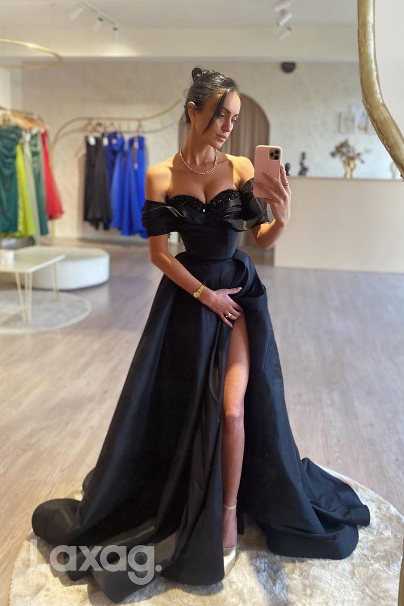 A Line Sweetheart Short Sleeves Ruched Long Formal Prom Dress with Slit - Fashionpara